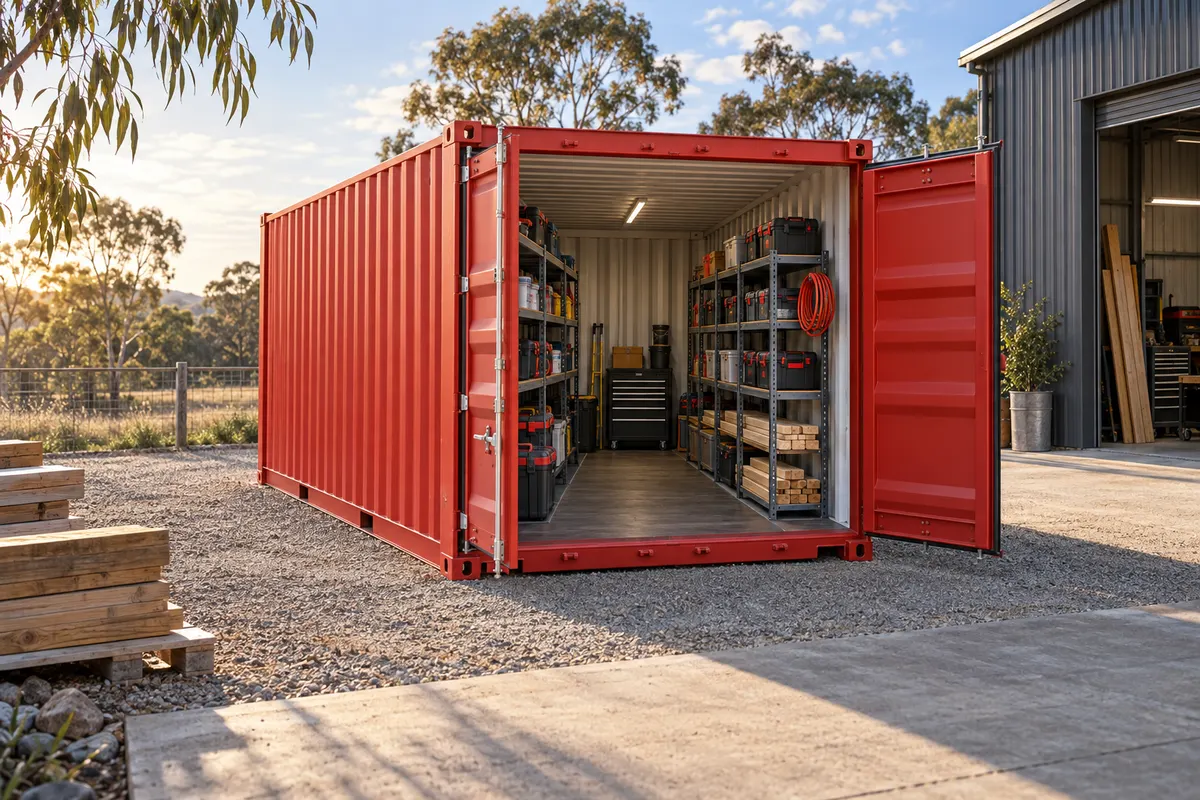 Brand illustration of tools and supplies stored in a container at an Australian trades yard