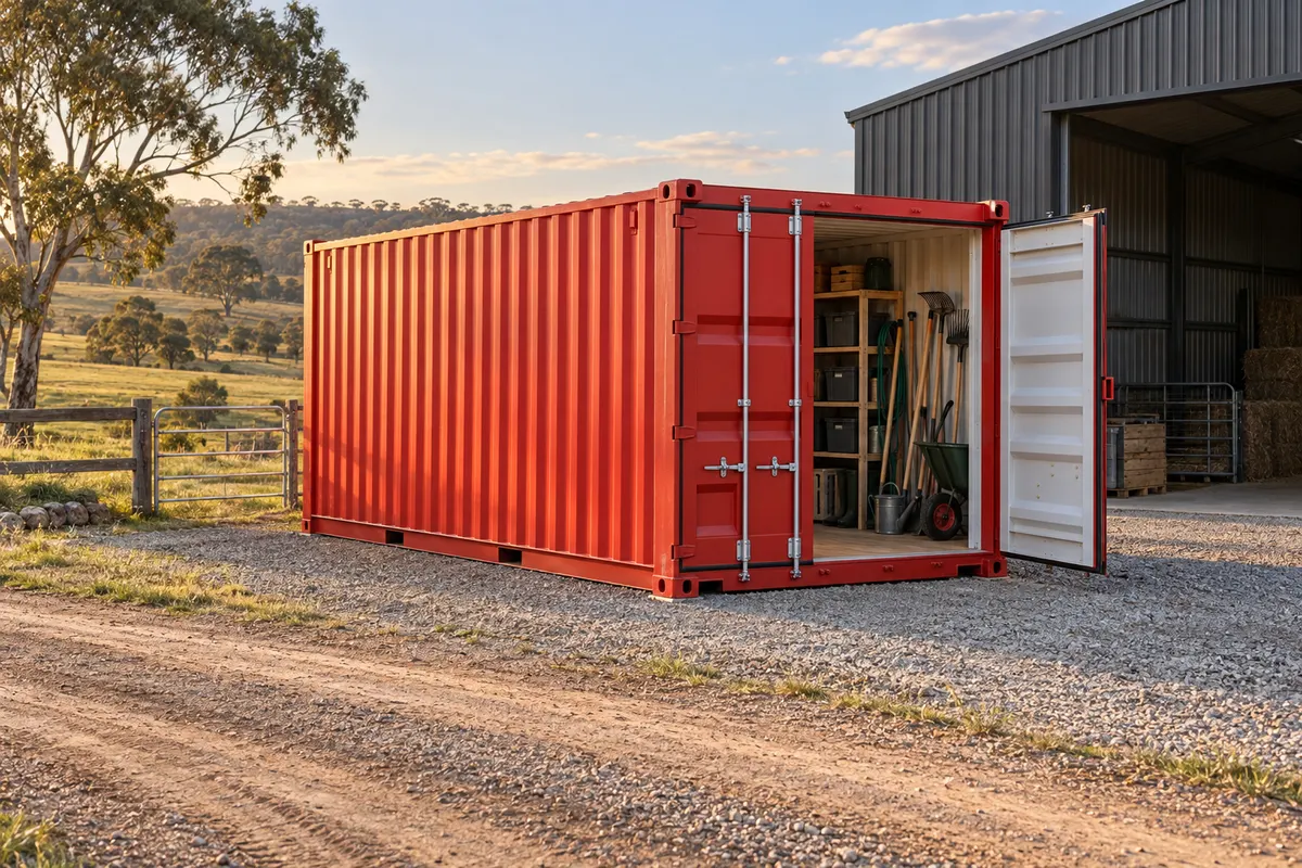 Brand illustration of a red container used for storage beside an Australian farm shed
