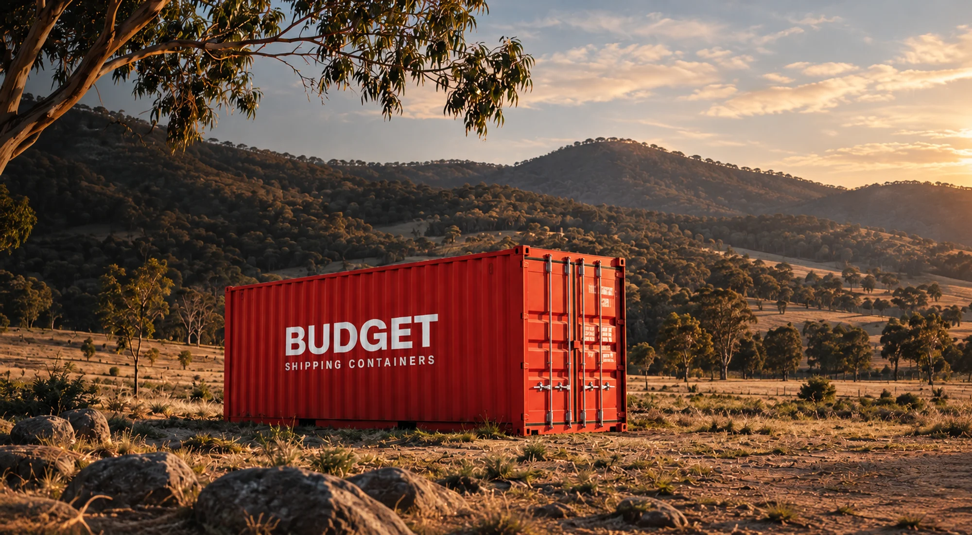 Budget brand illustration of a red shipping container on an Australian rural property