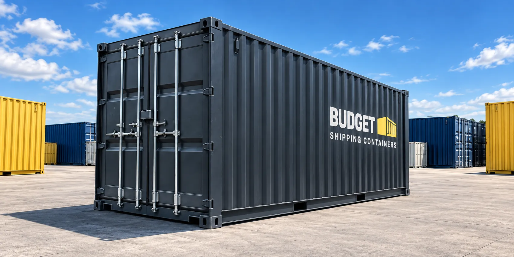 Budget illustration of a charcoal shipping container in an Australian container yard